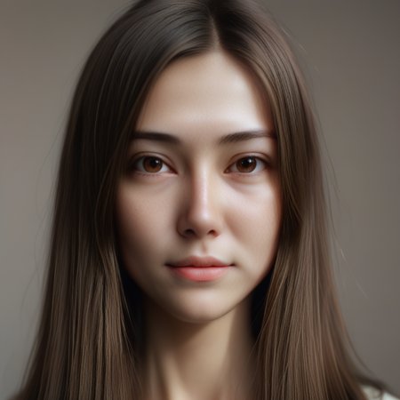 1girl, Beautiful woman, high detail, portrait, elegant, delicate features, emotional expression, masterpiece, 8k resolution, Extremely high-resolution details, realism pushed to extreme, fine texture, incredibly lifelike, looking at viewer, solo focus, realistic, photorealistic, soft lighting, ultra realistic photograph, simple background, Exquisite details and textures, grainy, film analog photography, film, face details, real face, without make up, brown hair, long straight hair,