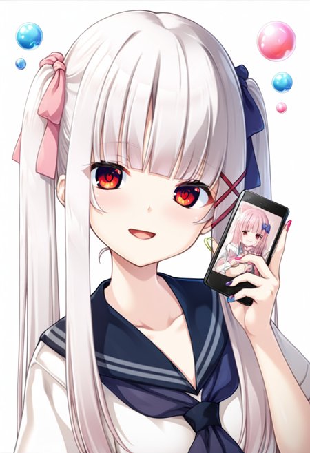 masterpiece,best quality,amazing quality,absurdres,aesthetic,newest,
kagome \(haison\), 1girl, solo,red eyes,
hair bow, pink hair, purple bow, smile, open mouth, blue hair,long hair, sailor collar, heart hair ornament, white hair,absurly long hair, pink bow, upper body, holding, blue bow, multicolored nails, looking at viewer, bubble, pill, twintails, shirt, school uniform, :d,v, hair ornament, holding phone, blush, blunt bangs, emoji,
 <lora:kagome_noob_vpred10_v11:0.85>