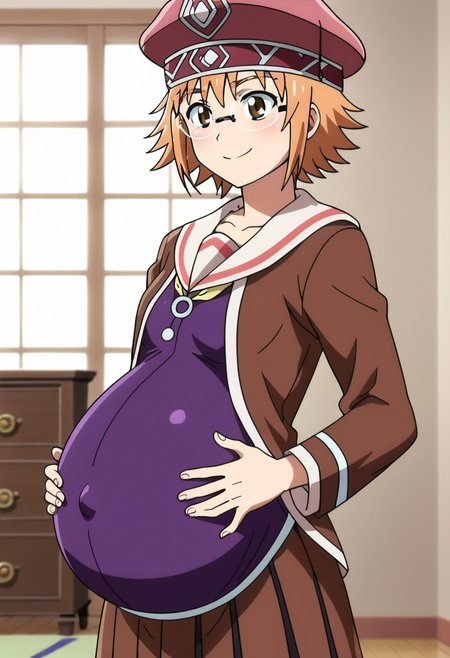 score_9, score_8, score_7,
best quality, masterpiece, 4k, perfect lighting, very aesthetic, anime, anime coloring, official art, anime screencap, absurdres,
bedroom, hands on belly, happy, smile,
 (large pregnant belly:1.1), (round belly:1.1), (pregnant bump:1.1), 
<lora:PeterGrillPhilosophersTimeV2:1>  Mitchy Peligrima, short hair, brown hair, brown eyes, glasses, orange hair, small chest, hat, school uniform, purple shirt, brown vest,
(covered belly:1.5), (pregnancy clothes:1.5)
cowboy shoot,