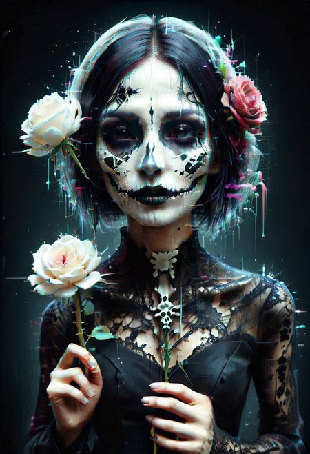 1girl, detailed face, emo makeup, short hairs, veil, black wedding dress, 
biolumen, holding single rose flower, black rose, the  contur of the petals glow eerily white, dim light, intricate details, horror theme, cementary, detailed background, slimes_flowerwm, made of flowers,
BL4CK3STBL4CK, black_theme, matte_color, flat color, boneswm, glitch style