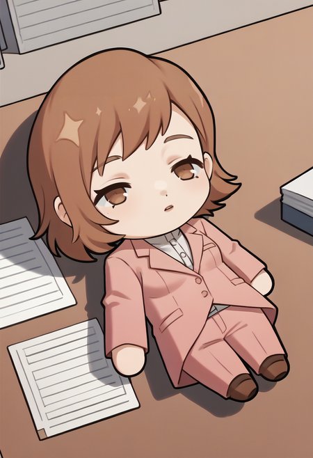 score_9, score_8_up, score_7_up, source_anime, BREAK 1girl, <lora:QiqiFallen_XLPD:1.2> QiqiFallen, lying, on back, chibi, <lora:zs_ToriumiXL:1> toriumip3, short hair, brown hair, brown eyes, pink blazer, pink pants, office, desk