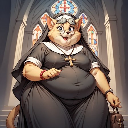 score_9, score_8_up, score_7_up, score_6_up, score_5_up, score_4_up,
source_furry,
masterpiece,
shading,
cartoon,
1girl,
solo,
female,
furry,
furry female,
cat,
feline,
fat,
obese,
Aunt_Polly, solo, 1girl, glasses, open mouth, furry, fat, round eyewear, whiskers, animal ears, looking at viewer, teeth, simple background, furry female, short sleeves,
 <lora:Aunt_Polly_Tom_Sawyer_2000_Pony_SDXL:1> aunt_polly,
 <lora:90s4n1m3XLP:1> 90s4n1m3, nun,
nun outfit,
habit,
church,
cross,
prayer beads,
holy,