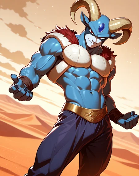<lora:Moro_4th_Form_(Dragonball_Z)_(Illustrious)_(AD):1.35> Moro, muscular, goat,
dutch angle, exterior, desert, sky with detailed clouds,
male focus, gradient coloring, solo, cowboy shot, bent leg, perfect proportions, veiny muscles, blue body, large biceps, abs, soft shading, evil smirk, white chest armor, fur lined neckline, 
BREAK very awe, aesthetically pleasing, masterpiece, best quality, amazing quality, very aesthetic, perfect depth of field shot, in'ei, furry_art, source_furry, source_anime,
EZRealPONYXL, zPDXL, Smooth Quality, lazympos, IllustQualXL_Pos,
