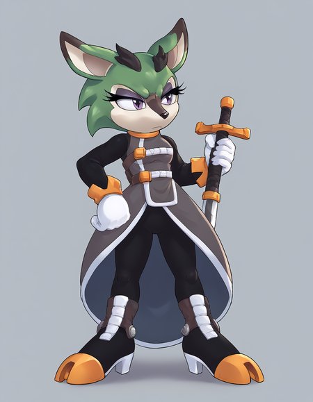 score 9, score 8 up, score 7 up, score 6 up, score 5 up, score 4 up, source_furry,colored, highly detailed, countershading,  <lora:Smooth Style 2 SDXL_LoRA_Pony Diffusion V6 XL:1>, <lora:Clove_the_Pronghorn_XL:1>, Clove the Pronghorn, green hair, green fur, high heel boots, purple eyes, white gloves, short hair, black pants, eyelashes, long sleeves, eyeshadow, sleeveless dress, holding sword, battlefield, angry