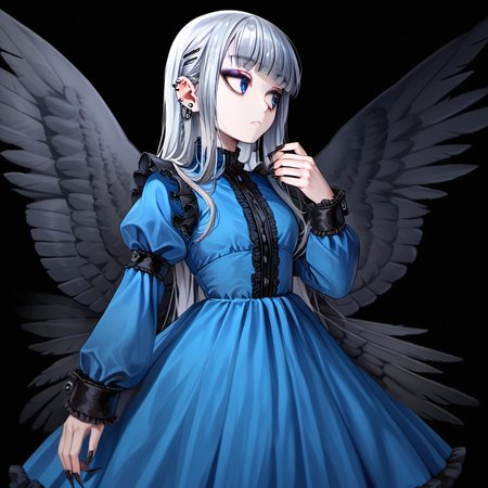 1girl, by kodoto, :<, arm cuffs, black background, black nails, blue dress, blue eyes, blunt bangs, cowboy shot, dress, ear piercing, earrings, expressionless, eyeshadow, feathered wings, fingernails, frilled dress, frills, hand up, jewelry, long fingernails, long hair, long sleeves, looking away, looking to the side, makeup, pale skin, piercing, pleated dress, puffy sleeves, sharp fingernails, signature, silver hair, solo, stud earrings, very long fingernails, wings,