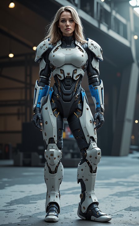 a full body portrait of a candid, naturally beautiful woman in her early 30s, standing confidently in an arctic military hangar, surrounded by frost-covered crates and cold lighting. she wears a next-gen exo-armor with heavy protective plating in matte titanium white and brushed steel blue, contrasting with a black high-tech underlayer. the armor emphasizes her large chest and narrow waist while retaining practical proportions. details include micro-servos at the knee joints, reinforced shin guards, polished chrome inlays, and discreet gold accents. premium military-grade design meets cutting-edge fashion, hyper-realistic, ultra-sharp detail, cinematic lighting


















mg-mk.1, FMECHLAS-MK.1 