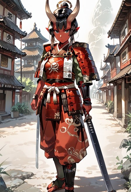 score_9, score_8_up, score_7_up, rating_suggestive, tiefling, one female, single person, red skin, black hair, straight horns, red samurai armor, easynegative, negative_hand, MythAn1m3, pointed ears, ancient japanese city, standing, samurai, 
musuclar woman, amazona, full body, green black eyes, 1girl, red glowing katana,
