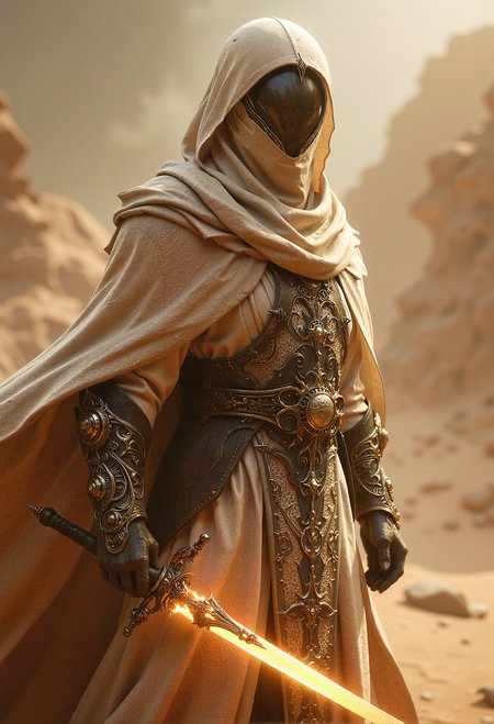Desert nomad, flowing beige robes, veiled face, glowing dagger, sandstorm backdrop <lora:- Flux1 - vanta_black_V1.0.safetensors:0.45>,  <lora:black_fantasy.safetensors:0.25>,  <lora:aiai-Glimra-Flux-Dev-v2.safetensors:0.5>,  <lora:aidmaBaldursGate3-FLUX-v0.1.safetensors:0.5>,