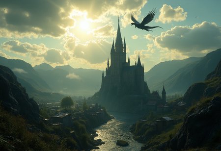 In a dimly lit, atmospheric scene a stunningly beautifully crafted majestic castle stands tall and mighty against the backdrop of a sunny clear day. The castle is surrounded by villages and streams,  A dragon flies overhead in the sky. The image is rendered in muted, desaturated colors with a warm color grade, evoking a sense of nostalgia and foreboding. A subtle film grain and slight vignetting add to the overall sense of unease and mystique. hkmagic