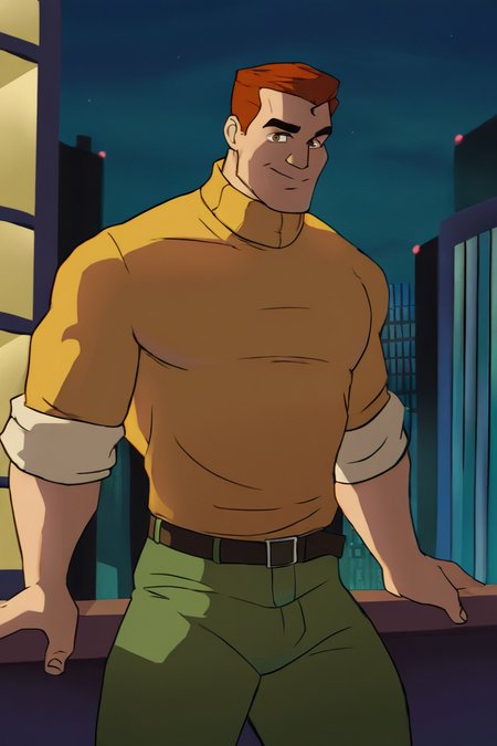 masterpiece, best quality, highres, newest, eddiebrock, 1boy, solo, male focus, mature male, short hair, orange hair, brown eyes, thick eyebrows, muscular male, yellow turtleneck sweater, sleeves rolled up, green pants, looking at viewer, smile, standing, cowboy shot, outdoors, city, building, night, night sky <lora:Venom (Eddie Brock) Spider-Man TAS v1.2 [LoRA] - NoobAI-XL EPS 1.0:0.8>