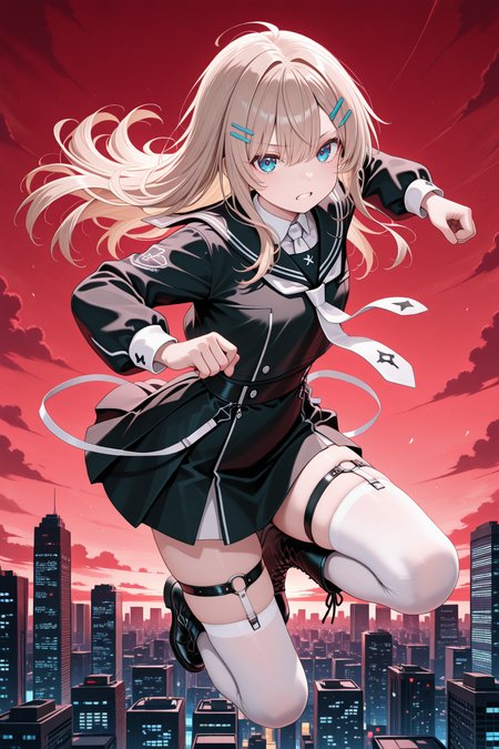 lazypos,1girl, solo, light brown hair, long hair, blue eyes, hairclip, black shirt, black sailor collar, white necktie, long sleeves, black skirt, white thighhighs, thigh strap, black boots, serious, clenched teeth, red sky, city skyline, jumping, looking at viewer <lora:detail_slider_v1_000000450:5> <lora:TrendCraft_The_Peoples_Style_Detailer-v1.0A-3_13_2025-illustrious:0.2>
