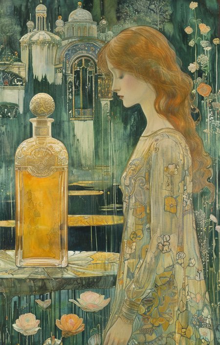 masterpiece,best quality,<lora:tbh267-sdxl:0.9>,illustration,style of Jan Toorop A bottle of perfume in garden