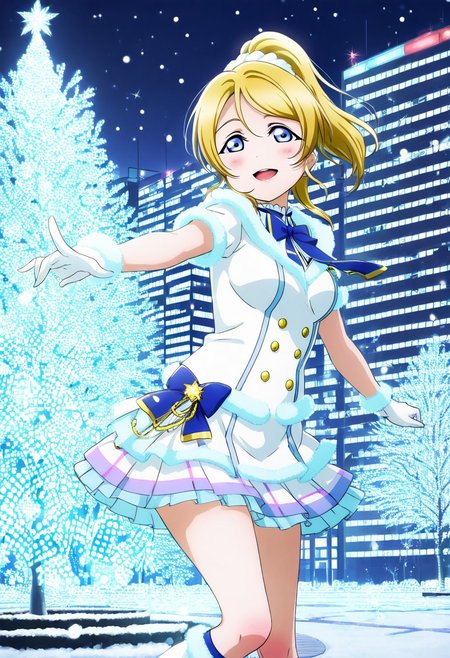 1girl, artist_request, ayase_eli, blonde_hair, blue_eyes, blush, bow, building, city_lights, cityscape, dancing, gloves, hair_ribbon, highres, lights, long_hair, looking_at_viewer, love_live!, love_live!_school_idol_festival, love_live!_school_idol_festival_all_stars, love_live!_school_idol_project, night, night_sky, official_art, open_mouth, ponytail, ribbon, scrunchie, skirt, sky, skyscraper, smile, snow, snow_halation, solo, white_gloves, white_scrunchie