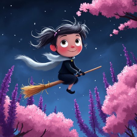 A whimsical illustration of a tiny witch with messy pigtails in dark whimsical art style, flying on crooked broomstick, soaring above pink cherry blossoms and purple wisteria, digital painting with expressive brushstrokes, starlit sky background, characteristic Tim Burton inspired design with playful eyes