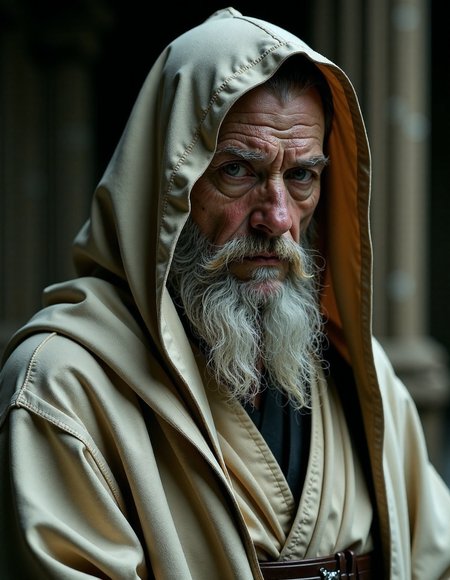 Portrait of an old decrepit man,  in the style of ck-ncr, half cyborg intrigant gaze looking to viewer, wearing tattered old robe, hooded, mysterious mystical scene, Jedi master, <lora:ck-Neurocore-Realistic-Cyborgs:0.75>