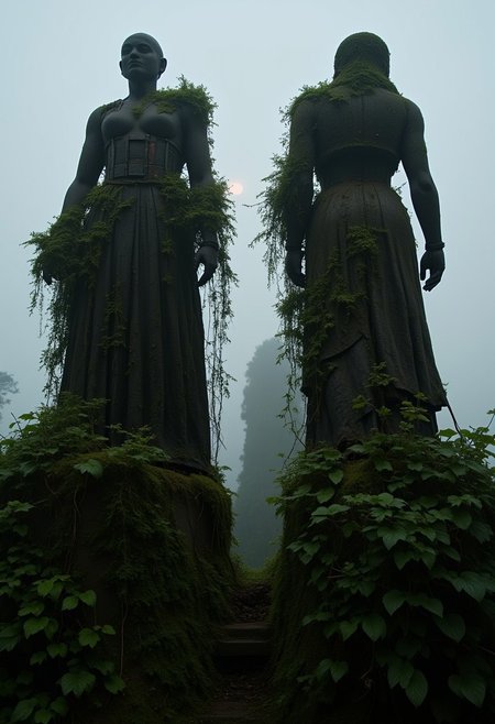 ajweathbo. A pair of ancient, weathered mechanical statues, standing as relics of a forgotten higher civilization. Overgrown with thick vines and moss, their once-polished surfaces now dulled and cracked, revealing intricate, rusted mechanical components beneath. The statues tower over the scene, their weathered features still holding a faint trace of grandeur. The atmosphere is misty and mysterious, with the soft glow of distant light filtering through the foliage, casting eerie shadows on the statues' surfaces. Every detail of the mechanical joints, gears, and wiring is visible, showing the passage of time and the decay of technology long since abandoned.