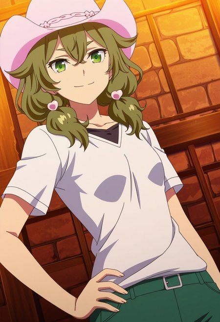 general,highres, ultra-detailed,very aesthetic,best quality ,best hands,best eyes,easynegative,
dynamic anglre, dutch angle, anime cloring,anime screencap,
1girl solo,looking at viewer,wilderness,smile, hand on hip, 
Meifon Sakura,green_eyes, small breasts, wavy hair, middle hair, hair_ornaments, ochre_hair,hat,shirt,pants,