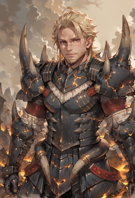 (score_9:0.9),score_8_up,score_7_up,rating_safe,anime style,(zPDXL),<lora:Akantor armor - male ponyXL v1:0.8>,akantor armor,blonde hair,solo,1boy,male focus,black shoulder armor,black gauntlets,brown eyes,looking at viewer,molten rock,muscular,((dark-skinned male)),mature male,scar,beard,