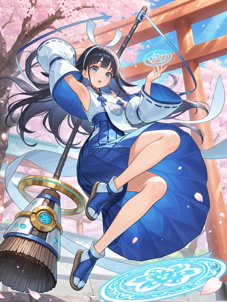 shinonome the vaylantz priestess, 1girl, solo, cherry blossoms, east asian architecture, torii, holding white broom, open mouth, outdoors, looking at viewer, :o, tree, armpits, blue sky, petals, floating, full body, white hairband, white ribbon-trimmed sleeves, white sleeveless kimono, blue hakama skirt, white tabi, blue sandals, white breast curtain, two-handed, magic circle, official art,
masterpiece,best quality,amazing quality,very aesthetic,absurdres,newest,scenery,extreme detail,8k,light particles,soft lighting,volumetric lighting,intricate details,finely detailed,detailed eyes,<lora:Shinonome the Vaylantz Priestess illusXL v1.1:0.75>,