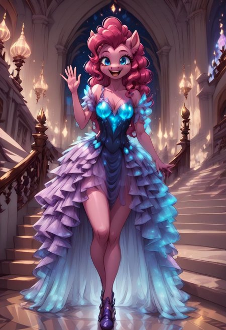 score_9, score_8_up, score_7_up, anthro,
(((Pinkie Pie))), earthpony,
facing viewer, front view, female focus, view from chesthight,
g5, pony, female, mare, tail, dock, solo, 1girl, highly detailed, beautiful, detailed eyes, detailed fur, beautiful eyes, (tall), ((perfect body proportions), (beautiful long legs),
small breasts, show accurate skin colour,
long hair, fluffy hair, biggest hair,
(((walking ((down)) a grand staircase))), (((waving to viewer))), ((happy, excited, smiling at viewer invitingly)),
(((wearing a beautiful, eyecoloured, bioluminescent, shoulderfree ballgown))), glowing ballgown,
BREAK,
highly detailed background, (((nighttime))), night
inside Canterlot castle, ballroom, ((grand staircase)), mirror marble floor, (((dimmed lights in the room))),