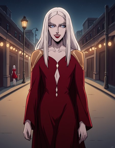 score_9, score_8_up, score_7_up, source_anime, <lora:castlevania-carmilla-ponyxl-lora-nochekaiser:1>, carmilla, long hair, white hair, lipstick, blue eyes, makeup,, dress, red dress, center opening,, city street, evening, streetlights, walking dog, quiet neighborhood, gentle breeze, smile, , arm straight out in front, solo,, cowboy shot, dutch angle