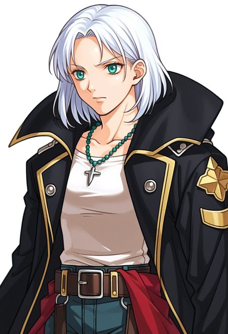 score_9, score_7_up, source_anime, BREAK solo,  <lora:zs_FE10PortraitsXL:1> fe10portraits, portrait, white background,, 1boy, teal eyes, tsurime, parted bangs, white hair, medium hair, straight hair, shoulder-length hair, coat, shirt, pants, studded belt, multiple belts, combat boots, torn clothes, necklace, black coat,