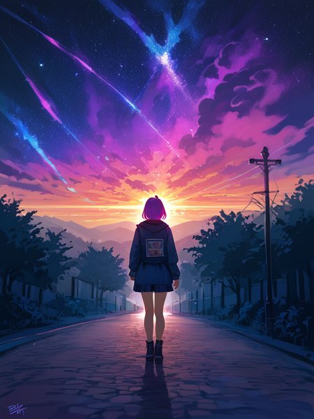 PDXL, <lora:KajpoV1:1>, k4jp0, volumetric reflections, volumetric shadows, HDR, shot on Canon DSLR,
1girl, standing on a road, colorful tornado in the distance,  night sky, blue, viewed from behind