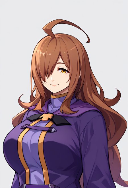 score_9, score_7_up, source_anime, zeroazureportraits, simple background, white background, upper body, solo, 1girl, kswiz, smile, looking at viewer, standing, ahoge, hair over one eye, purple robe, long sleeves, large breasts <lora:zs_ZeroAzurePortraitsXL:1> <lora:konosuba_wiz_ponyXL:0.9>