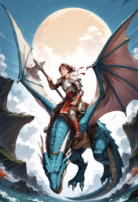 score_9,score_8_up,score_7_up,extreme detailed,zPDXL,sky,flying BREAK 1girl,
<lora:Pony_DetailV2.0:1> BREAK wyvern rider,wyvern,wings,dragon riding,dragon wings,armor,holding axe,<lora:wyvern rider-pony:0.8>,fighting stance,close-up,