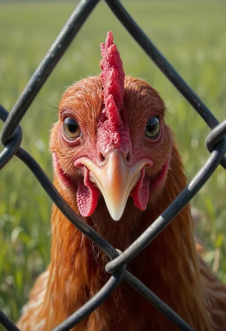 photorealistic painting of a chicken's face, looking at the viewer through a chain linked fence, detailed eyes, detailed feathers and beak, detailed short grass in the background, soft light <lora:hyperrealism-000103:1>