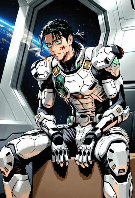 solo, spacecraft interior, space,
1boy, toned, stubble, black hair, medium hair, ponytail, green eyes, sunken eyes, dark circles under eyes,
sitting on box, smoking, blood on face, blood on armor,
<lora:AugmentedReactionSuitIL:1>,   augmentedreactionsuit, science fiction, white armor, white gauntlets, white knee pads, white chestplate, armor, 
masterpiece,best quality,amazing quality,     <lora:yusuke-murataIL-style:0.8>