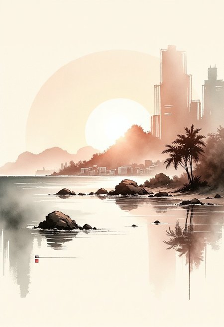 traditional japanese art style, ink on paper, wabi-sabi, henna and carmine, sepia, BREAK, image of Okinawa, tropical beaches and coastal city, sunset, minimal brush strokes, Inkwashara