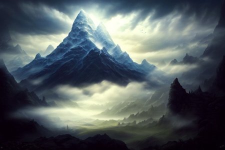 RAW photo, (masterpiece:1.3), subsurface scattering, heavy shadow, (high quality:1.4), (intricate, high detail:1.2), professional photography, HDR, High Dynamic Range, realistic, ultra realistic, photorealistic, high resolution, film photography, ambient lighting, atmospheric effects, <lora:detail_slider_v4:2>, OverallDetail, epic medieval fantasy, fanmou, a huge and sinister mountain peak in the background shrouded in fog and dark clouds, <lora:Fantasy_Mountains:1>,  <lora:fantasyAI:0.6>, tanjoreai, epiCPhoto
