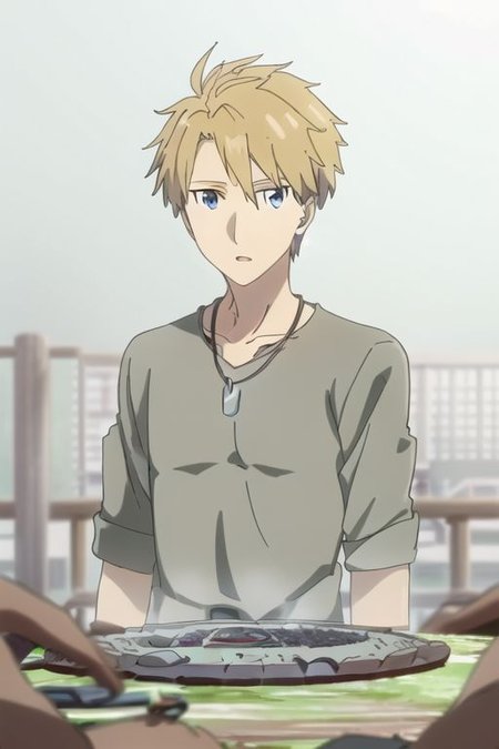 high resolution, professional photography, solo, best quality, 1Boy, Yamato Ishida, Blond Hair, Deep Blue Eyes, Necklace, shallow depth of field, Post-Apocalyptic, survival, OverallDetail