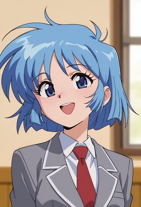 masterpiece, best quality, amazing quality, very aesthetic, absurdres, newest, illustration, perfect composition, intricate details, highres, uncensored, general, 1girl, solo, (portrait:1.2),  ogawa hiroe, blue hair, blue eyes, short hair, small breasts, school uniform, blazer, grey jacket, red necktie, looking at viewer, smile, open mouth, shiny body, shiny skin, skindentation, clear skin, shiny hair, ultra detailed eyes, depth of field, sharp, intricate details, hyperdetailed, ultra-detailed, detailed clothing folds, high contrast, dynamic light <lora:Hiroe Ogawa_Nageki no Kenkou Yuuryouji_ill:1>