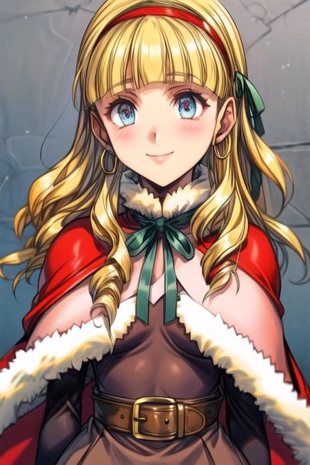 (best quality) , (highly detailed) ,masterpiece ,absurdres ,detailed face ,beautiful face ,(detailed eyes, deep eyes, anime eyes) ,1girl , solo, upper body, slight smile, small breasts
 CatherineDigimon, 1girl, solo, long hair, blonde hair, long sleeves, red dress, red hairband, blunt bangs, fur trim, redcapelet, drill hair, blue eyes, green ribbon, fur-trimmed capelet, headband, jewelry, belt, cape, hoop earrings, blue skirt, brown shoes, Cape, Smile, Happy,