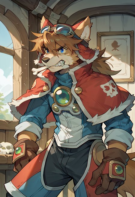 score_9, score_8_up, score_7_up, high res, best quality, red_savarin_solatorobo, furry, goggles, solo, 1boy, blue eyes, brown hair, capelet, gloves, angry, bone in mouth, inside, room, broken,<lora:Red_Savarin_Solatorobo:1>