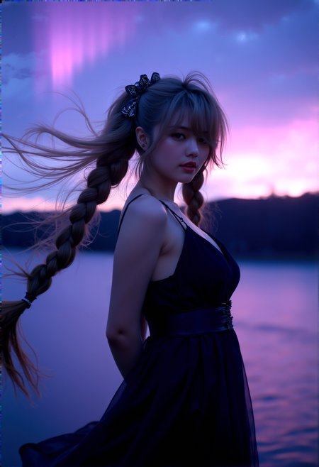 photorealistic photography
woman with hair flowing long twintails, braided bangs,  beige hair,wearing ornate hair scrunchie, voluptuous, standing looking at viewer,  hair over one eye, seductive smile,arms behind back,  outdoors, scenery,  expressive eyes, reflective and emotional gaze, detailed background with aurora borealis, purple and blue tones, highly detailed, atmospheric, strong wind, dim lighting,  cheerful expression  


cinematic lighting, extremely intricate detail character, accurate depiction of character, correct body anatomy, correct hands and fingers, extremely intricate skin and facial texture detail, design,lifelike potrayal, extrememly realistic lighting, extreme dynamic pose, sfw, fully clothes, sharp background detail, wide shot











