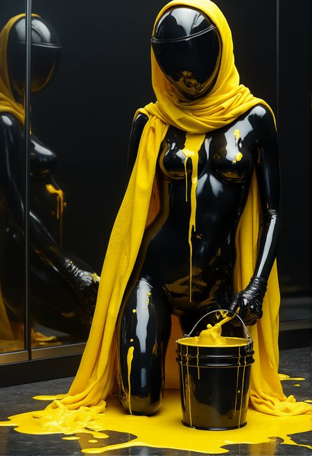 concept art Girl in black thin, oily latex, black motorcycle helmet, black glass on helmet, pours a bucket of yellow paint on himself, paint dripping down his body, yellow silk long scarf, sexy, dynamics. Black mirrors in the background, reflections.
<lora:aidmaMJ6.1v0.4:1> aidmaMJ6.1 <lora:last:1> . digital artwork, illustrative, painterly, matte painting, highly detailed