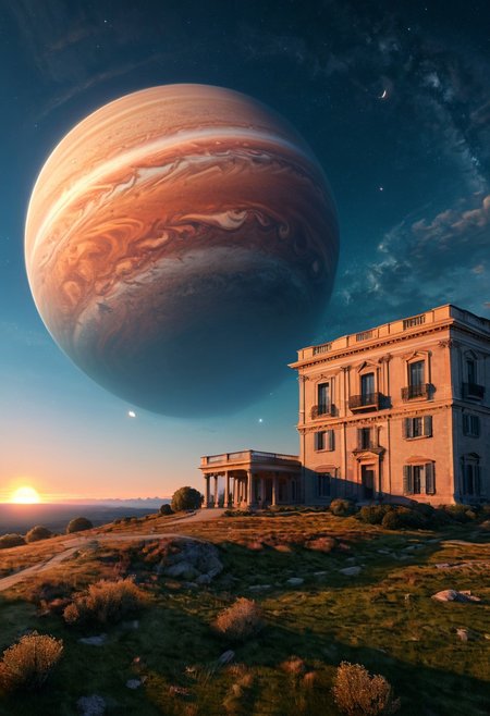 a serene landscape with a singular building at sunrise with a giant jupiter appearing in the sky, digital art, concept art, octane render, unreal engine 5, hyperrealistic, highly detailed, high quality, 4K, low contrast, soft lighting, path tracing, complementary colors, natural lighting, geometric <lora:add-detail-xl:0.7>, <lora:xl_more_art-full_v1:0.7>