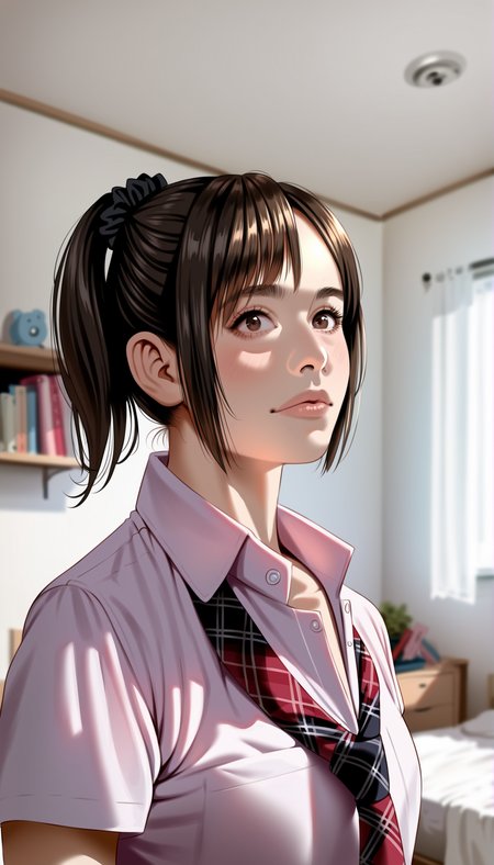 score_9,score_8_up,score_7_up,
highly detailed,highres,photorealism,realistic,
<lora:miiyamotohikari:0.9>,miiyamotohikari,
1girl,solo,black hair,bangs,black scrunchie,brown eyes,school uniform,pink collar shirt,red plaid necktie,portrait,
blurry background,indoors,bedroom,white wardrobe,ceiling,bed,pillow,desk,wooden floor,dome light,