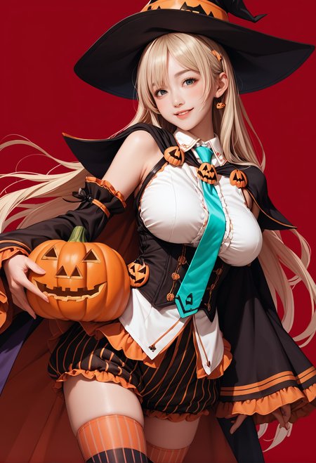 1girl,cowboy shot,red background,,ruanyi1053,aqua necktie,cape,detached sleeves,frills,halloween costume,jack-o'-lantern,vertical-striped thighhighs,vertical-striped shorts,wide sleeves,
medium breasts,blonde hair,very long hair,<lora:1053 halloween costume_v1_pony:1>, score_9, score_8_up, score_7_up, score_6_up, score_9, score_8_up, score_7_up, score_6_up source_anime, blush, 1girl, seduce smile, perfect body , natural huge breasts