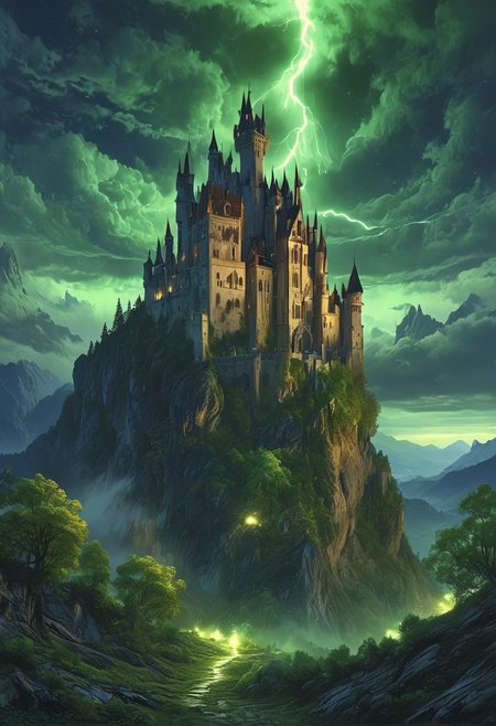 A captivating night scene illustration featuring a forboding and haunted castle on a great  great mountain. The castle and mountain are much like Neuschwanstein Castle in Bavaria.  This enchanting artwork captures a dark and ominous night, where an ominous green moon hangs above  over the  tree covered mountain range and castle which  stands resolute amidst the great mountains,  green lightning strikes down from the sky, creating a cinematic experience., illustration, cinematic
<lora:DonM3t3rn1tyXL-v1.1:0.7>, DonM3t3rn1tyXL,
OverallDetailXL  <lora:MJ52:0.3>  <lora:SDXLFaeTastic2400:0.4>  <lora:EpicF4nta5yXL:0.7>