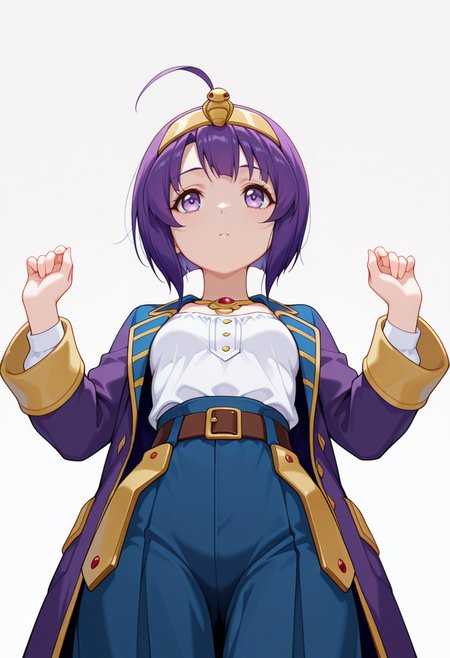 Smooth Quality,masterpiece,very intricate, high quality details, ultra realistic, high detailed skin,detailed enviorement,absurdres,
curled fingers,
 <lora:Medusa_CNR:0.8> medusa_cnr,  1girl, purple hair, short hair, ahoge, bangs,purple eyes, small breasts, hairband, egyptian,, exhausted,, simple background, white background, from below,solo,, long coat, ,blouse, ,spats, ,