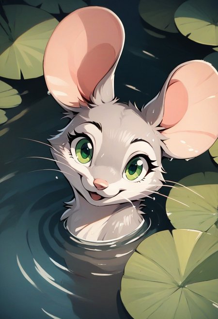score_9, score_8_up, score_7_up, score_6_up, score_5_up, score_4_up,
[][][]
(((mouse))), (feral), (furry:0.7), female, solo, (fluffy), (fluffy cheeks:0.7), cute
[][][][][]
zzCitronCAT, in the style of beatrix potter, flat color,
[][][][][]
grey fur, grey ears, green eyes, (side view), (excited expression), swimming, head above water, (close up) (head and shoulder portrait:1.4), looking at viewer, water, nature, smile, waving to viewer, ((wet fur)), high angle view, (small ears)