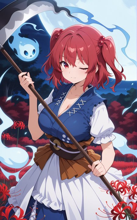 absurdres, highres, masterpiece, best quality, amazing quality, official anime artwork, screencap, anime screencap, looking at viewer, one eye closed, light smile, outdoors,
 <lora:Komachi-Onozuka_Illustrious:1> onozuka komachi, 1girl, solo, red hair, short hair, red eyes, two side up, hair ornament, large breasts,, sash, blue upshirt, white short sleeves, holding scythe,
light particles, spider lily, sky, tree, night, moon, souls, hitodama,