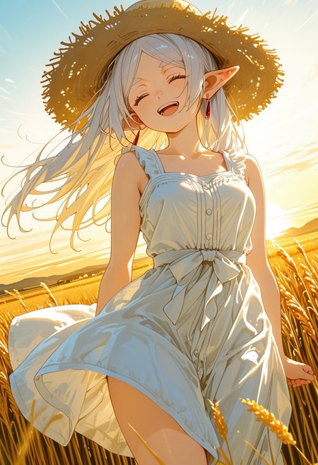 ((dynamic angle:2.5)), , 
, 1girl (frieren), ,
white dress, straw hat, A young girl running through a golden wheat field at sunset, laughing as the wind carries her forward. The golden stalks bend in waves, and a faint spirit of the wind dances beside her, visible only as a shimmer. The scene glows with warmth and freedom,
,
, score_9, score_8_up, score_7_up, source_anime,