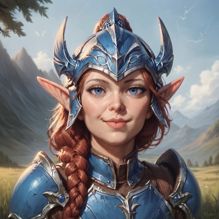 (((beautiful, high quality))), upper Body, score_9, score_8_up, score_7_up, Elf, pointed ears, small ears, auburn hair, hair braid, wide hips, curvy, 1girl, blue eyes, looking at the viewer, dynamic pose, blurred background, in the style of jeff-easley, oil painting, realistic, smile, (blue armor:1.2), massive armor, narrowed eyes, helmet, youthful face, lips closed, 