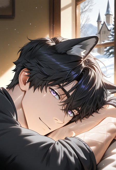 //General, masterpiece,best quality,amazing quality, source_anime, intricately detailed illustration, very aesthetic, absurdres, newest, anime coloring, subsurface scattering, , natural lighting, Expressiveh, detailed skin, shiny skin,aesthetics light, depth of field, vibrant colors,
//Fashion, black shirt, long sleeves, 
//Background, castle interior, indoors, snow background outside the window, 
//Others, 1boy, male focus, solo male, manly body, 
//Action, looking at viewer,  light smile, close up, upper body,
BREAK,
 Yoon Chiyoung, Short Hair, Black Hair, Light Purple Eyes ,Hair Between Eyes, Wolf Ears