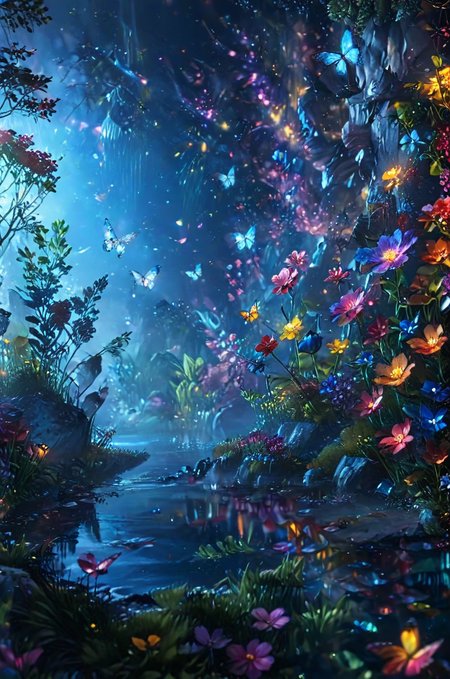 ultra realistic highly very detailed fantasy meadow, trees, grass, very realistic highly very detailed sea of colorful flowers ultra very realistic extremely highly detailed (crystal clear lake:1.6),1girl, sharp focus, ultra realistic extremely detailed (colorful butterflies:0.9), ultra realistic extremely very detailed (scenery:1.2), ultra-detailed, (by exquisite colors block),masterpiece,best quality,unreal engine 5 rendering, movie light,movie lens,movie special effects,detailed details,HDR,UHD,32K,CG wallpaper,intricate details (colorful particles:0.8) (colorful flowers:1.4), cinematic angle, magical look, fantasy setting, soft ray of light, glitter background,  <lora:add-detail-xl:2.4> , cinematic light, digital painting, hyper realistic, photo realistic, high quality textures, vivid colors,  <lora:NightScapes_XL:1> NightScapes<lora:sdxl_lightning_8step_lora:1>